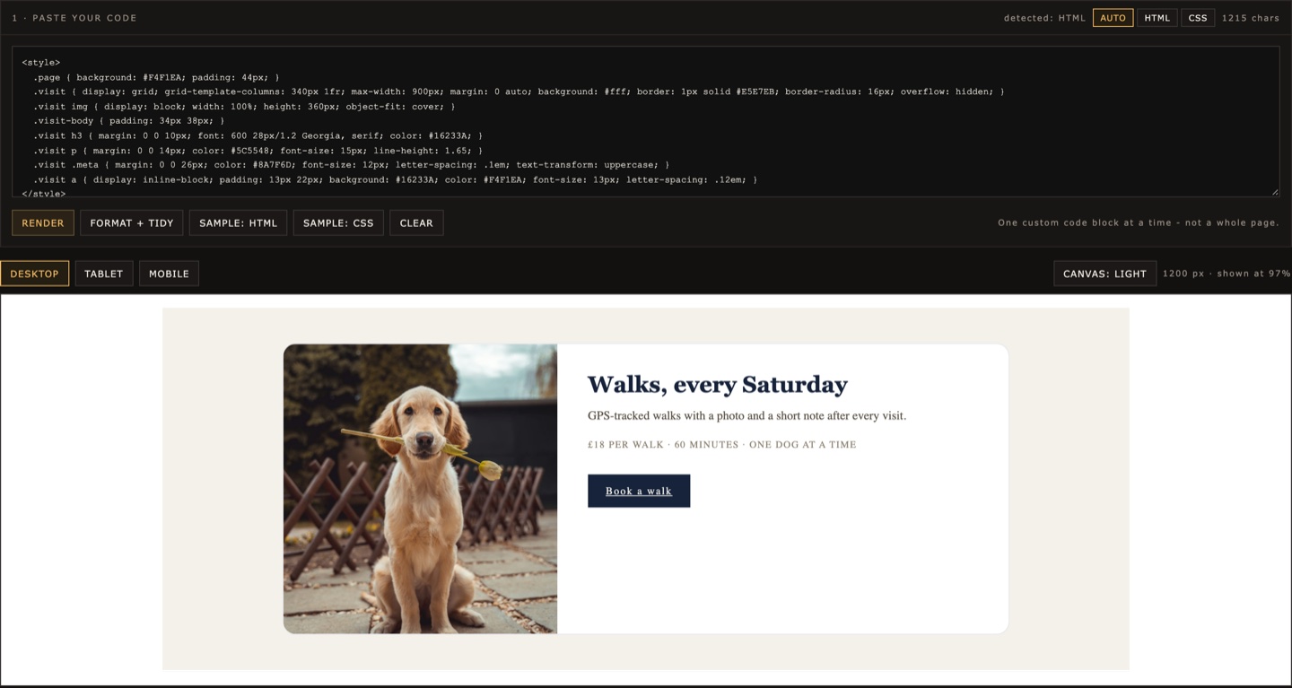 The CardKit CSS Code Editor: a code block in the paste box, the same card rendered underneath it